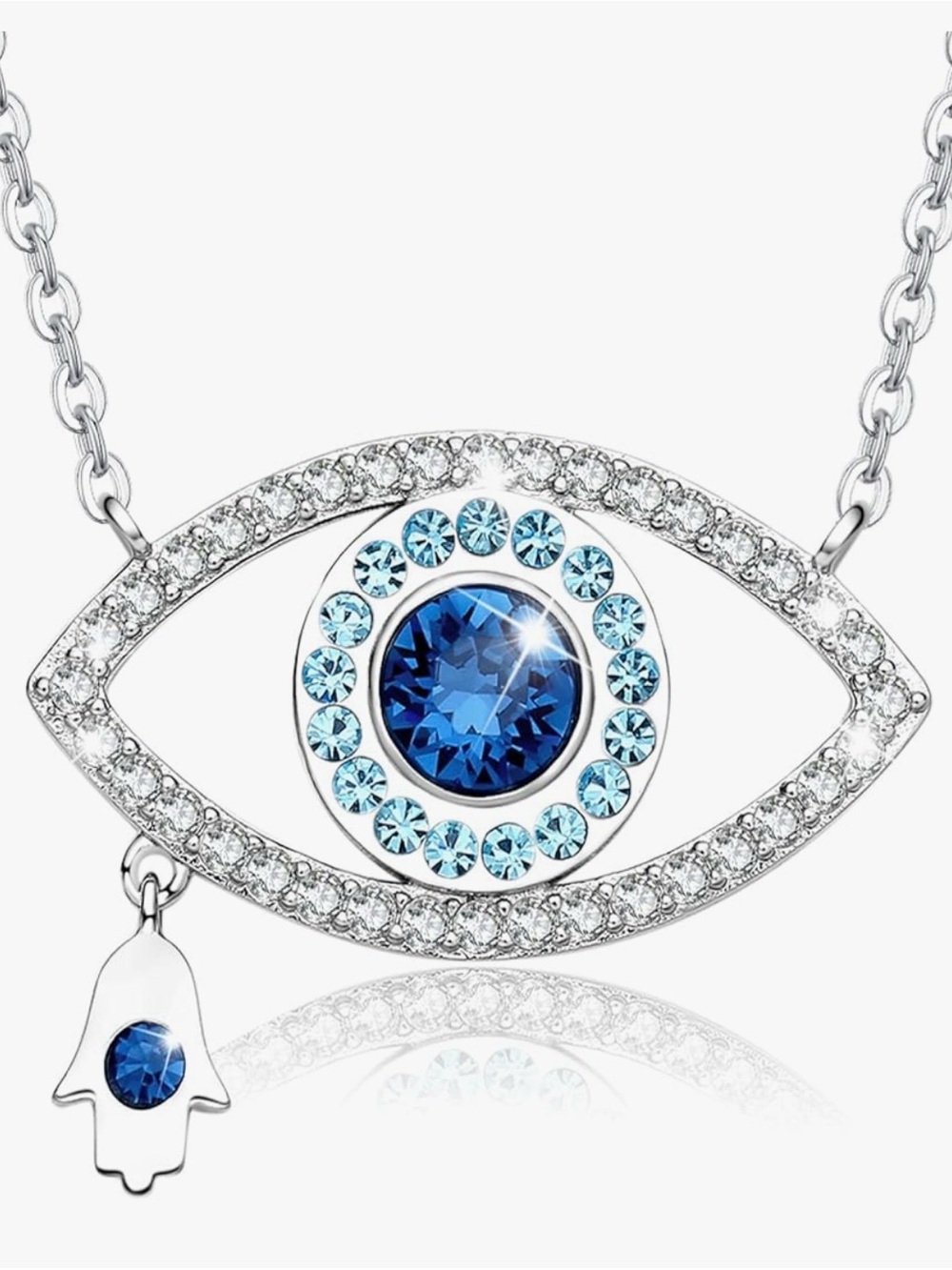 Silver Blue Crystal Evil Eye Necklace with Hamsa Charm - Blue